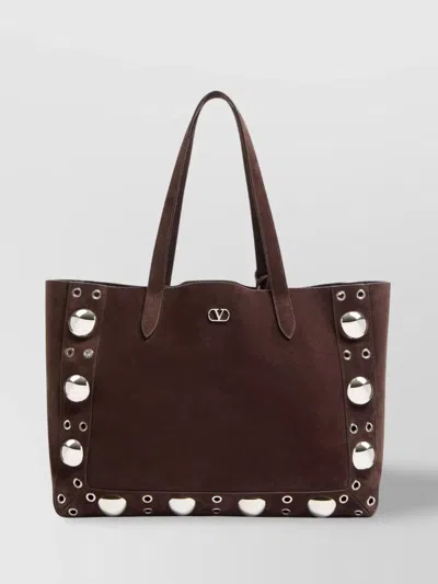 Valentino Garavani Circular Cutouts Studded Tote Bag In Brown