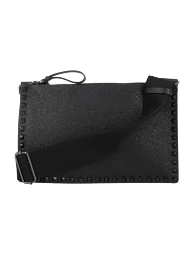 Valentino Garavani Classic Black Flat Calfskin Crossbody Handbag For Men In Burgundy