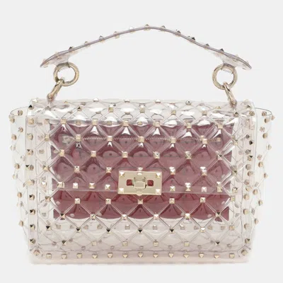 Pre-owned Valentino Garavani Clear/red Pvc Medium Rockstud Spike Top Handle Bag In Transparent