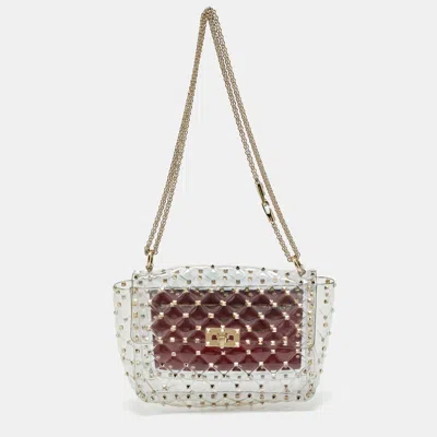 Pre-owned Valentino Garavani Clear/red Pvc Medium Rockstud Spike Top Handle Bag