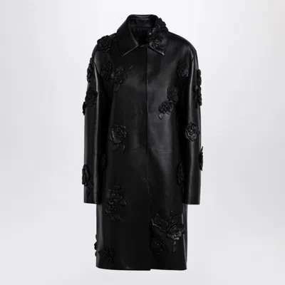 Valentino Black Leather Coat With Embroidery