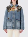 Valentino Denim Jacket Padded Collared Neck Patchwork In Blue