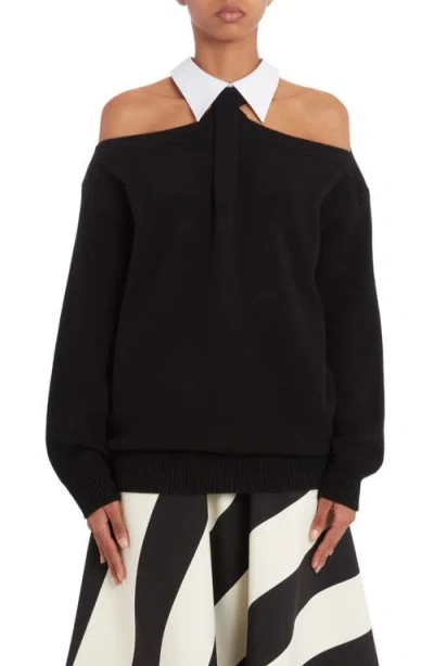 Valentino Cold Shoulder Virgin Wool Sweater In Black