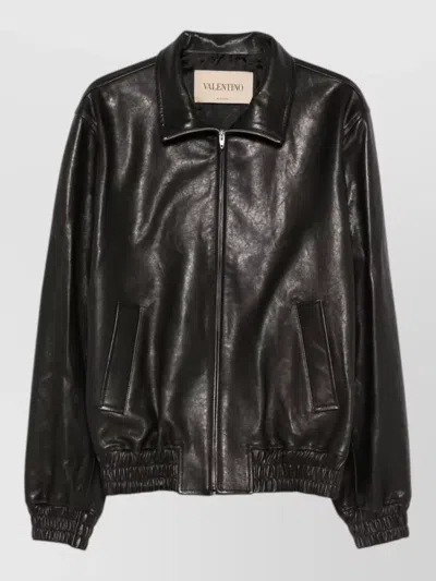 Valentino Collared Coat Elastic Cuffs Hem Pockets Silk In Black