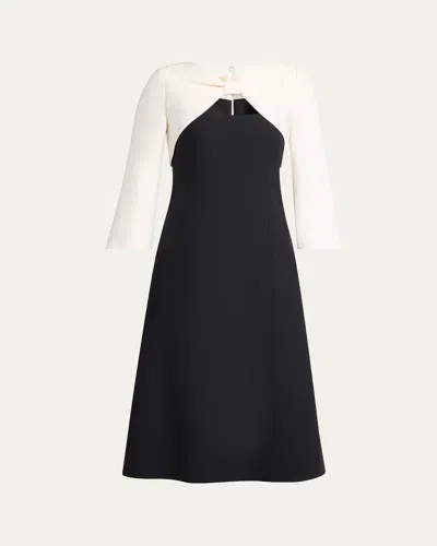 VALENTINO COLORBLOCK BOW 3/4-SLEEVE MIDI DRESS