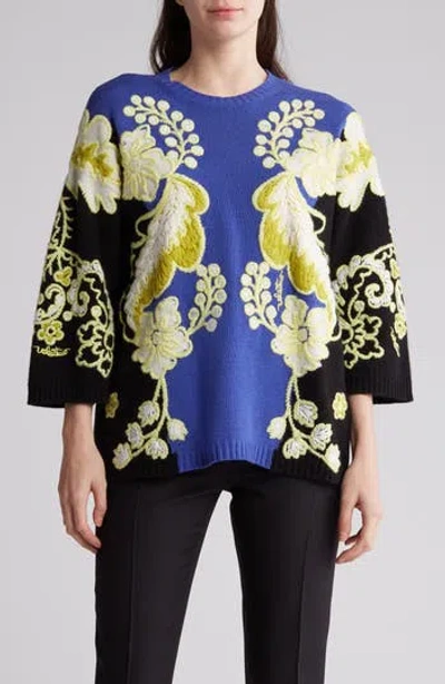 Valentino Colorblock Embroidered Wool & Cashmere Sweater In Nero/lime/cloud