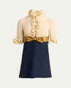 Valentino Womens Provence Blue Betulla Frilled Contrast-texture Silk Mini Dress