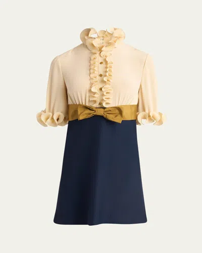 VALENTINO COLORBLOCK HIGH NECK RUFFLE MINI DRESS WITH BOW DETAIL
