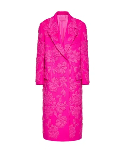 Valentino Compact Drap Coat With Floral Embroidery In Pink