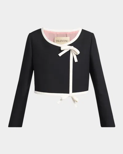 Valentino Cropped Bow-embellished Wool And Silk-blend Crepe Jacket In Black