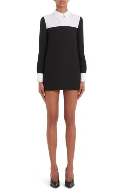 Valentino Contrast Yoke Long Sleeve Wool & Silk Minidress In Nero/ Bianco