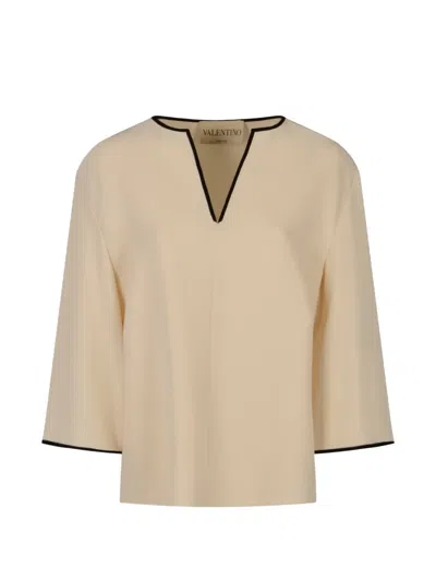 Valentino Contrast-trim Silk Blouse In Neutral