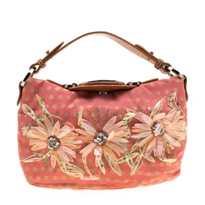 Valentino Garavani Coral/brown Polka Dots Canvas And Leather Flower Embellished Tote In Pink