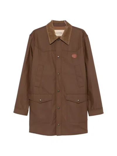 Valentino Corduroy-collar Logo-patch Coat In Brown
