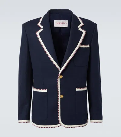 Valentino Single-breasted Jersey Cotton Jacket With Torchon Piping In Blue