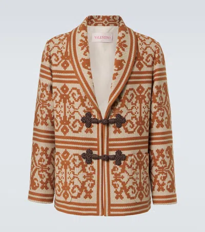 Valentino Shawl-collar Cotton And Linen-blend Jacquard Cardigan In Brown