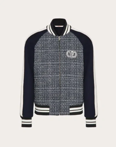 Valentino Cotton And Viscose Tweed Bomber Jacket With Vlogo Signature Patch In Blue