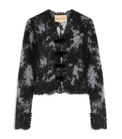 Valentino Mock-neck Sheer Lace Long-sleeve Top In Animal Print