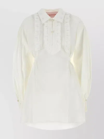 Valentino Cotton Blend Shirt Dress With Ruffled Detailing In White