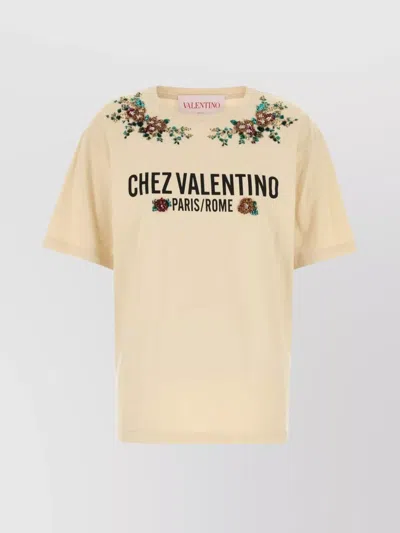 Valentino Cotton Crew Neck T-shirt With Embroidered Detail In Brown