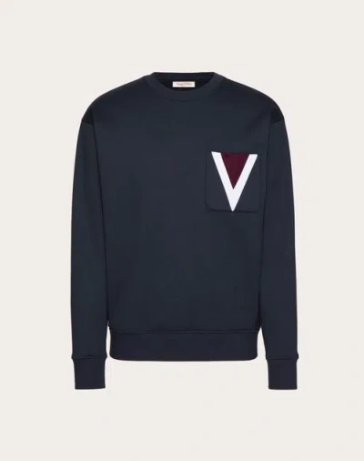 Valentino Cotton Crewneck Sweatshirt With Inlaid V In Navy