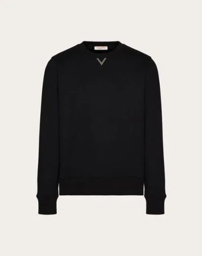 Valentino Cotton Crewneck Sweatshirt With Rubberised V Detail In Black