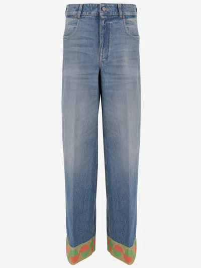 Valentino Wide Leg High Waist Jeans With Colorful Trim In Medium Blue