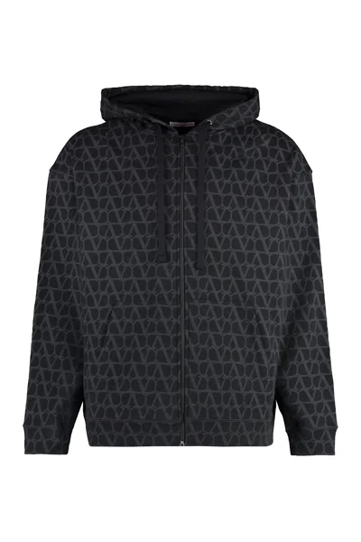 Valentino Cotton Full Zip Hoodie In Steel Grey