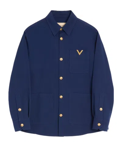Valentino Cotton Gabardine Shirt Jacket With Vgold In Blue