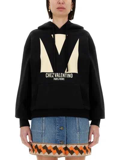Valentino Garavani Cotton Hoodie With Print In Black