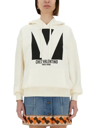 Valentino Ivory Cotton Hoodie With Large Logo In White