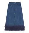 Valentino Tasseled Fringed Denim Midi Skirt In Blue