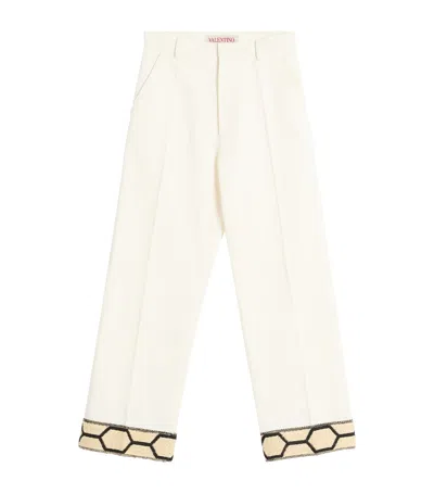 Valentino Cotton-linen Velvet Jacquard-hem Tailored Trousers In Ivory