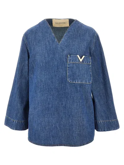 Valentino Cotton Long Sleeve Shirt With V-neck And Front Pocket In Blue