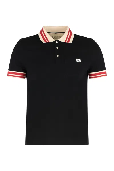 Valentino Cotton Piqué Polo Shirt With Vlogo Patch In Black