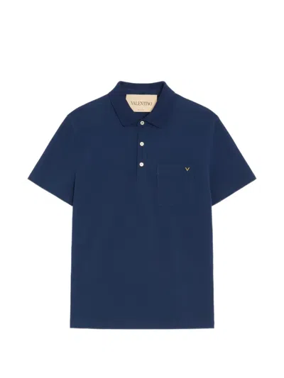 Valentino Polo Shirt In Cotton Piquet With Vgold In Blue