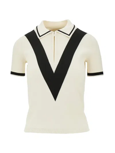 Valentino Cotton Polo Shirt With V Inlay In Neutral