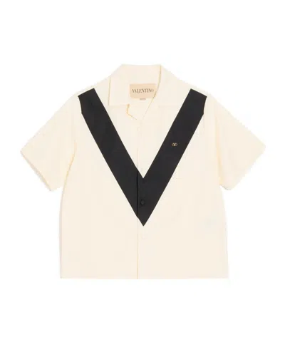 Valentino Cotton Poplin Bowling Shirt With Inlaid V And Vlogo Patch In Neutral