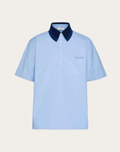 Valentino Cotton Poplin Polo Shirt With Embroidery In Blue