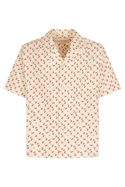Valentino Cherryfic Camp Collar Cotton Shirt In Neutral