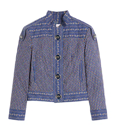 Valentino Floral High-neck Quilted Jacket In Blue Multi