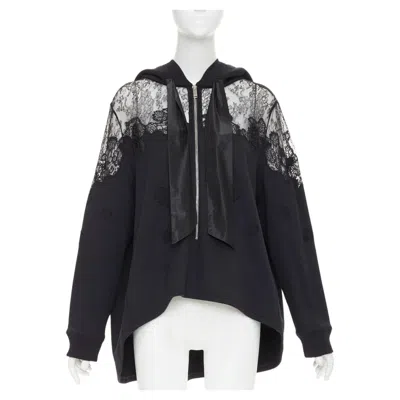 Pre-owned Valentino Cotton Sheer Floral Lace Panel Floral Applique Half Zip Zip Hoodie M In Black