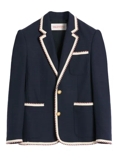 Valentino Single-breasted Jersey Cotton Jacket With Torchon Piping In Blue