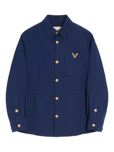 Valentino Cotton Gabardine Shirt Jacket With Vgold In Blue