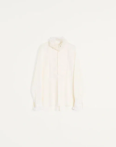 Valentino Cotton Shirt With Plastron And Ruffles In Ivory