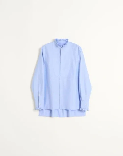 Valentino Cotton Shirt With Plastron And Ruffles In Sky Blue