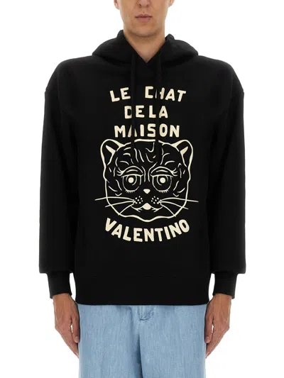 Valentino Cotton Sweatshirt With Chat De La Maison Patch In Black