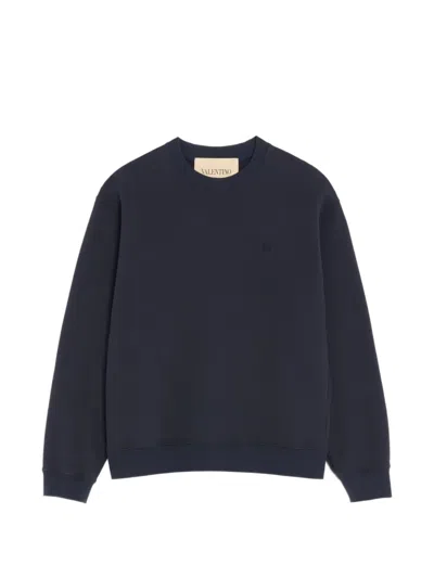 Valentino Embroidered Logo Cotton Crewneck Sweatshirt In Blue