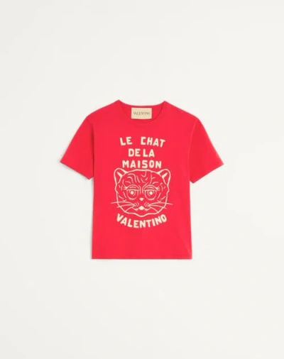 Valentino Cotton T-shirt With Chat De La Maison Print In Red/butter