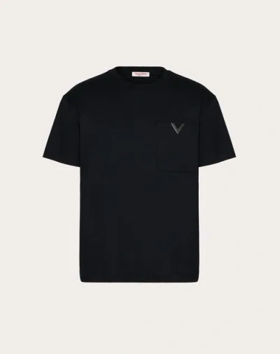 Valentino Cotton T-shirt With Metallic V Detail In Black